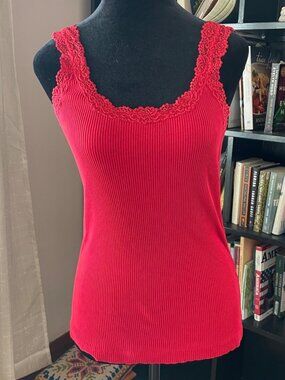 Y2K Chicos Red Lace Trim Tank Top Fitted Cami Coquette Vintage Cotton Stretch
